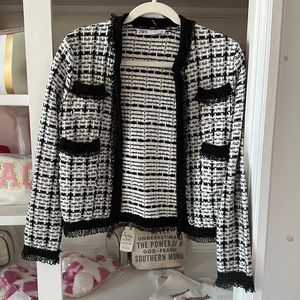 Classic SMALL Zara Black White Tweed Blazer Coat Jacket Beaded Cuffs Hem Pocket